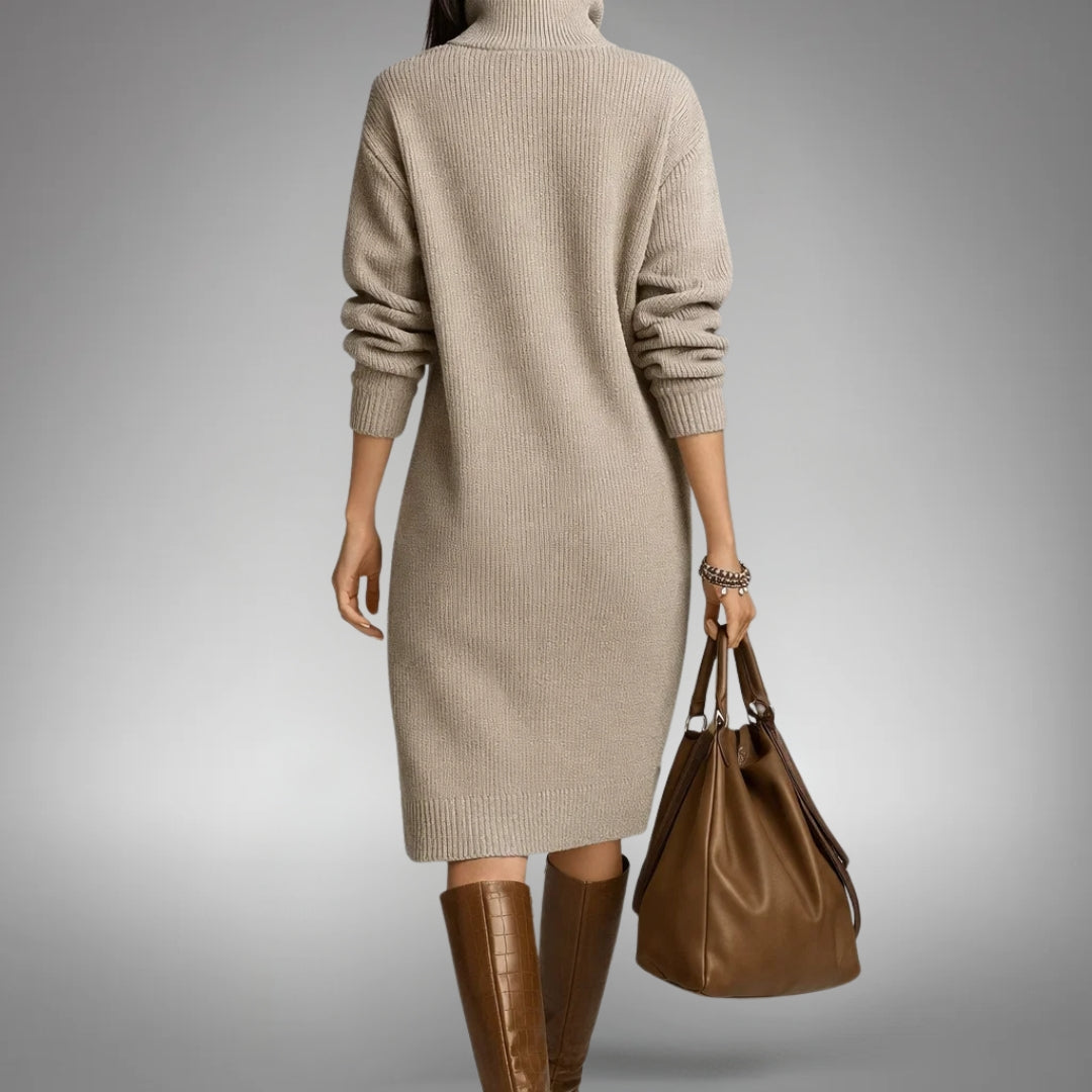 Women's Oversized Midi Sweater Dress with Mock Neck and Button Placket 7