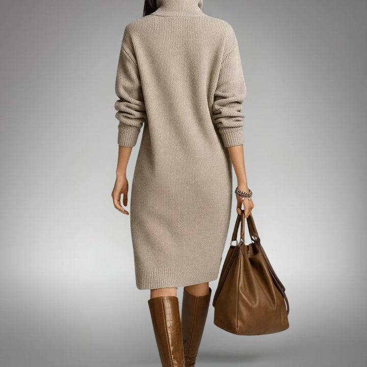 Women's Oversized Midi Sweater Dress with Mock Neck and Button Placket 7