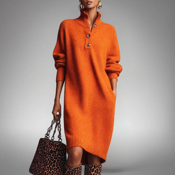 Women's Oversized Midi Sweater Dress with Mock Neck and Button Placket 1