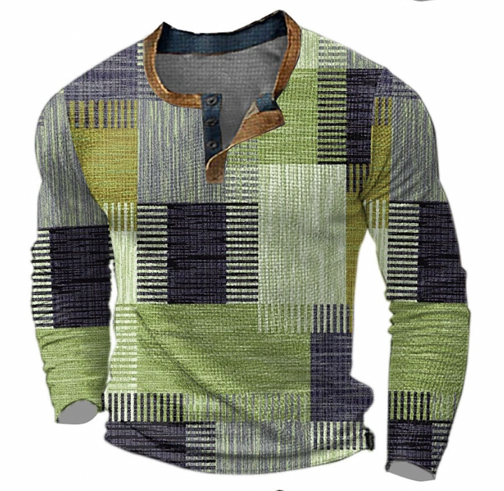 Men's Henley Sweatshirt with Button Placket and Geometric Print 2