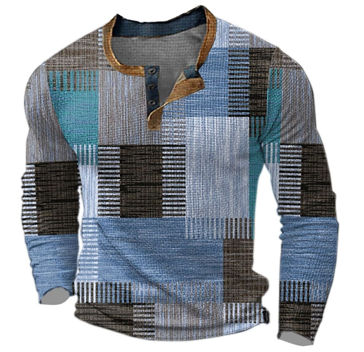 Men's Henley Sweatshirt with Button Placket and Geometric Print 3