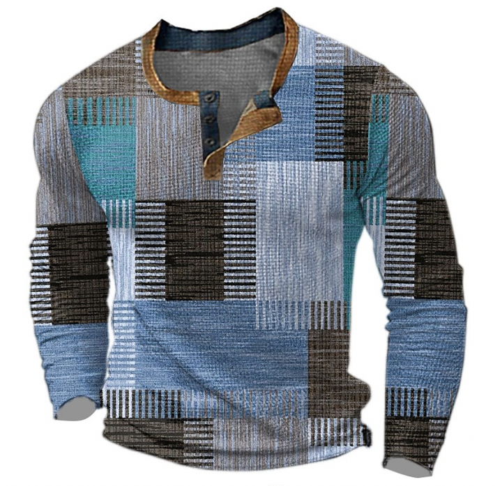 Men's Henley Sweatshirt with Button Placket and Geometric Print 3