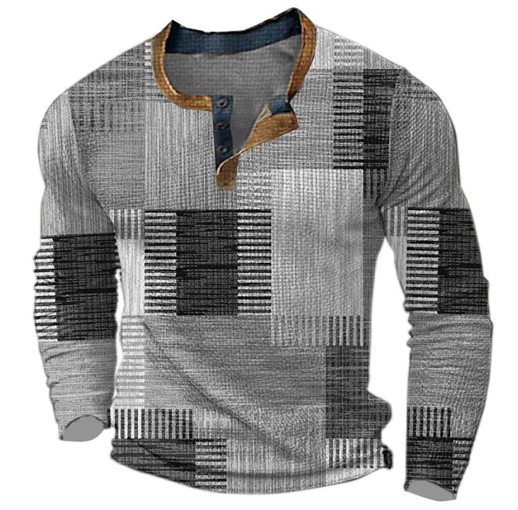Men's Henley Sweatshirt with Button Placket and Geometric Print 4