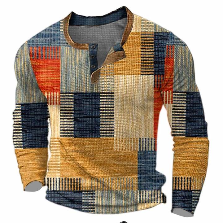 Men's Henley Sweatshirt with Button Placket and Geometric Print 1