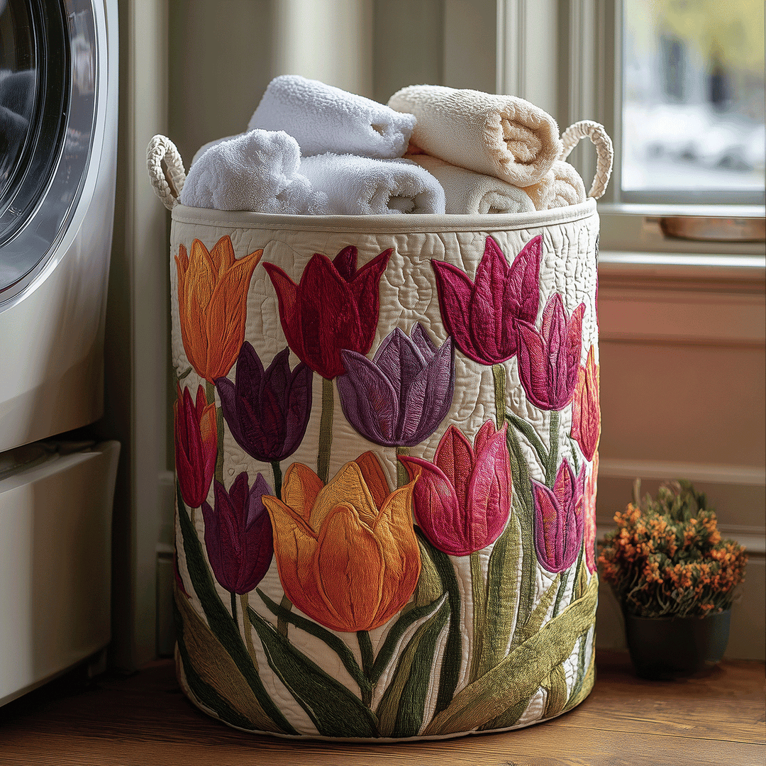 Hand Quilted Tulip Storage Basket with Reinforced Handles 1