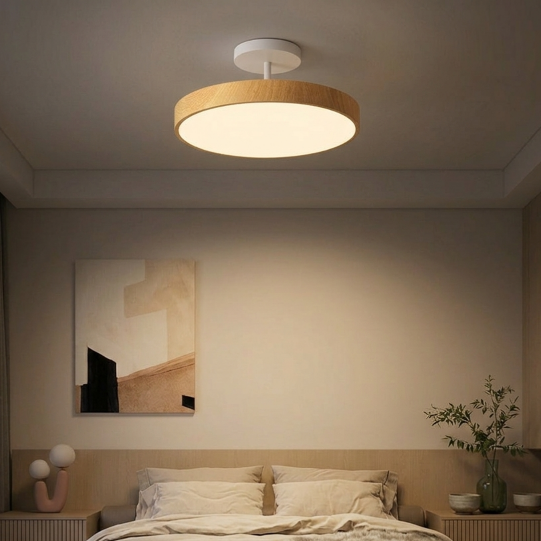 Scandinavian Wood-Look Ceiling Light with Gold-Tone Frame, LED Semi-Flush Mount 7