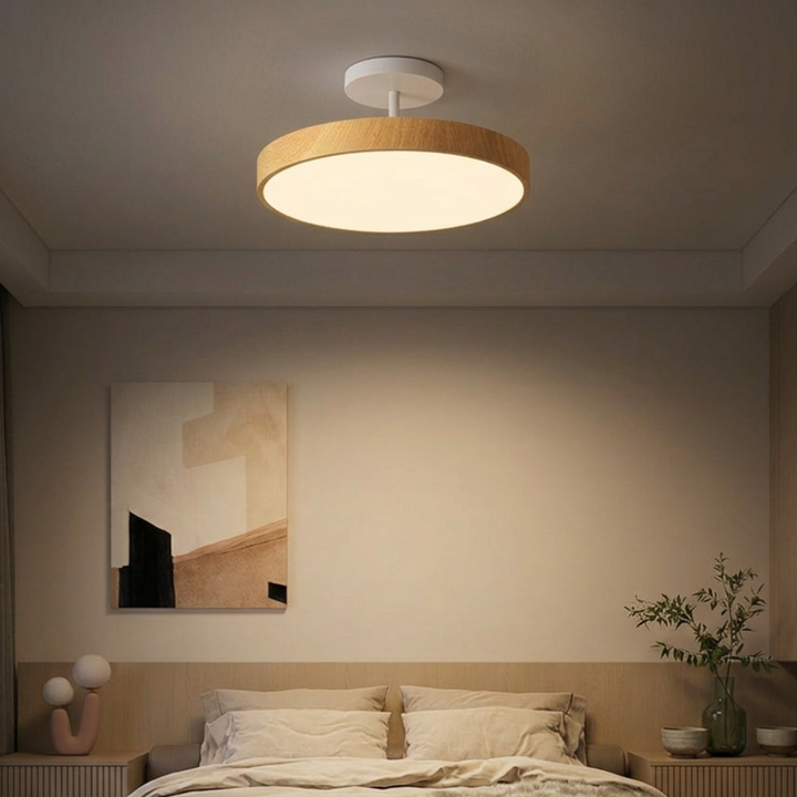 Scandinavian Wood-Look Ceiling Light with Gold-Tone Frame, LED Semi-Flush Mount 7