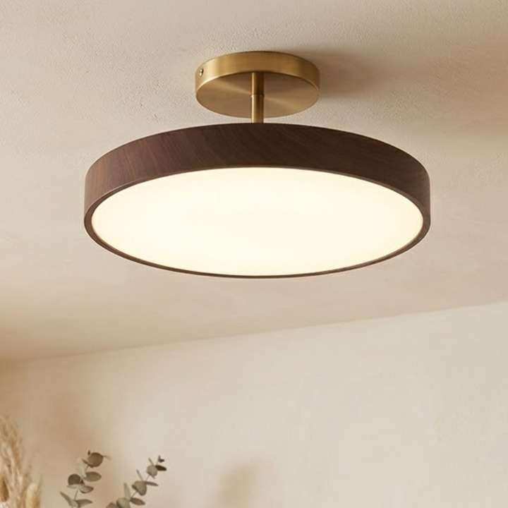 Scandinavian Wood-Look Ceiling Light with Gold-Tone Frame, LED Semi-Flush Mount 1