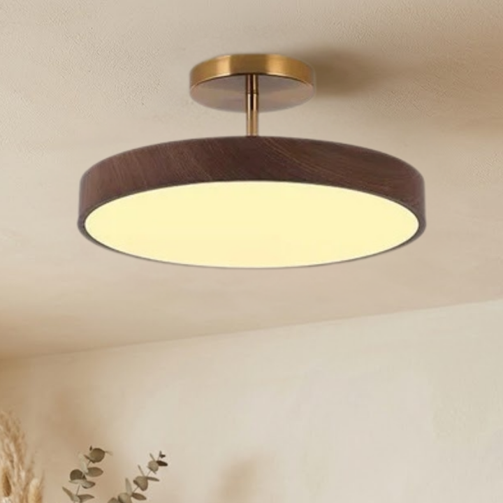 Scandinavian Wood-Look Ceiling Light with Gold-Tone Frame, LED Semi-Flush Mount 3