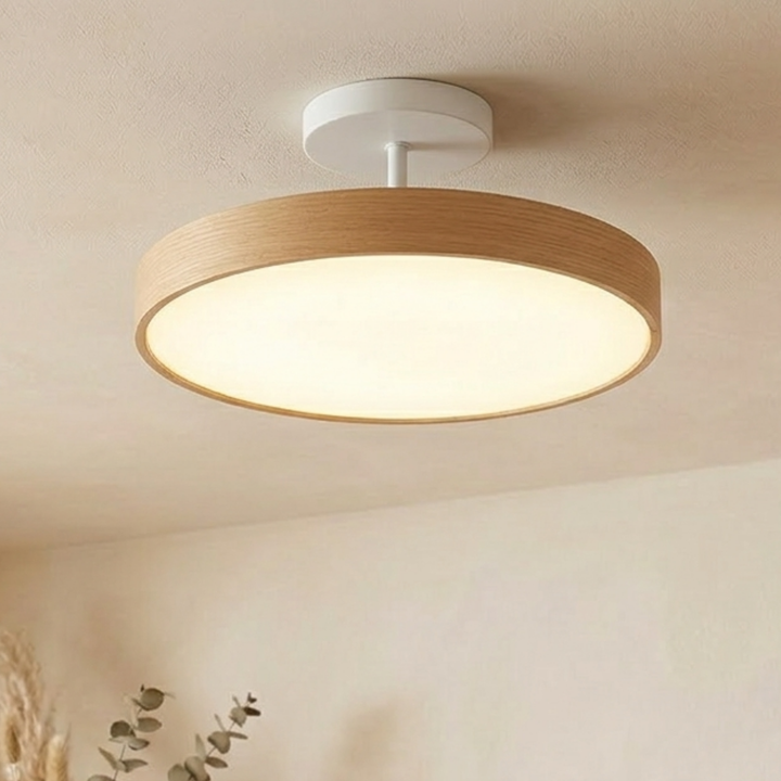 Scandinavian Wood-Look Ceiling Light with Gold-Tone Frame, LED Semi-Flush Mount 5