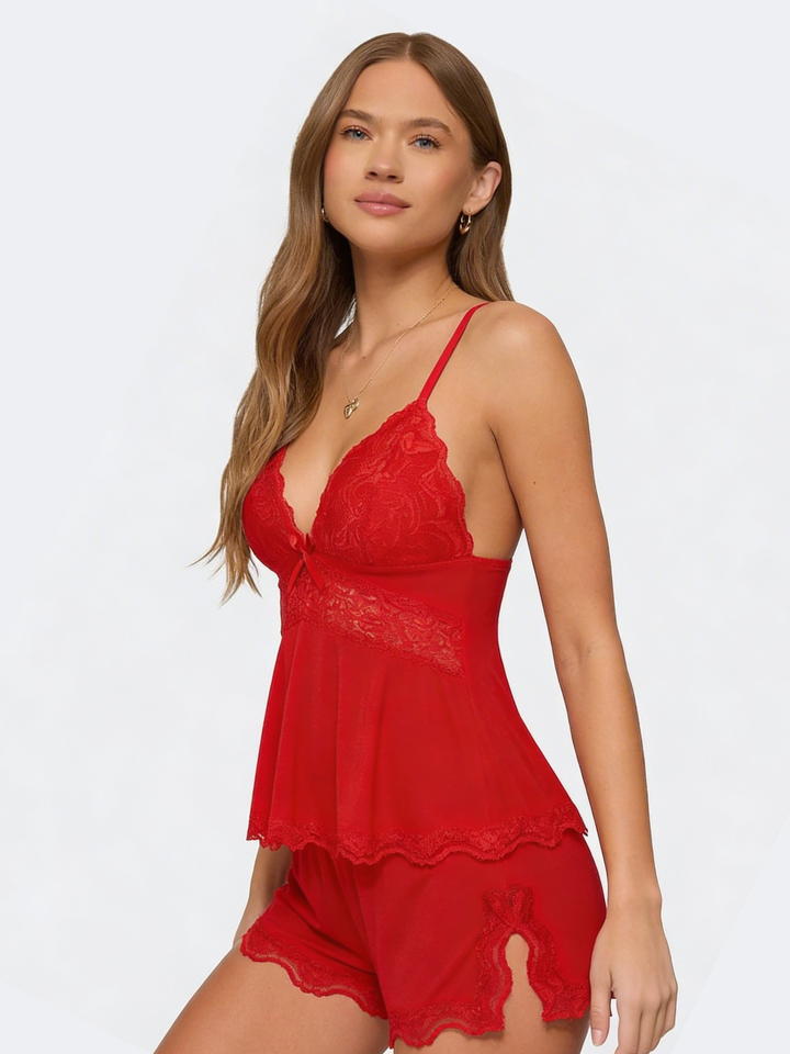 Midnight Lace Cami and Shorts Set with V-Neck and Bow Detail 22