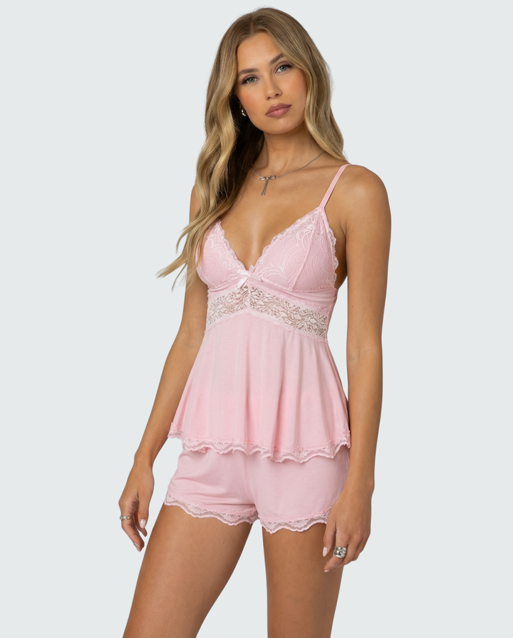 Midnight Lace Cami and Shorts Set with V-Neck and Bow Detail 2