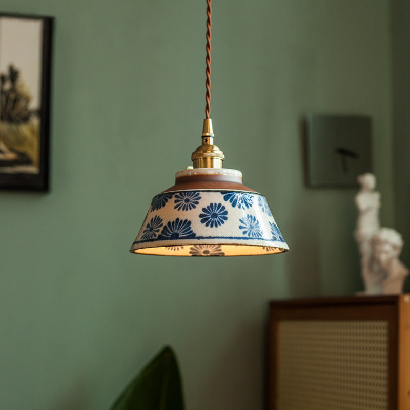 Vintage Hand-Painted Ceramic Pendant Light with Fabric Cord 1