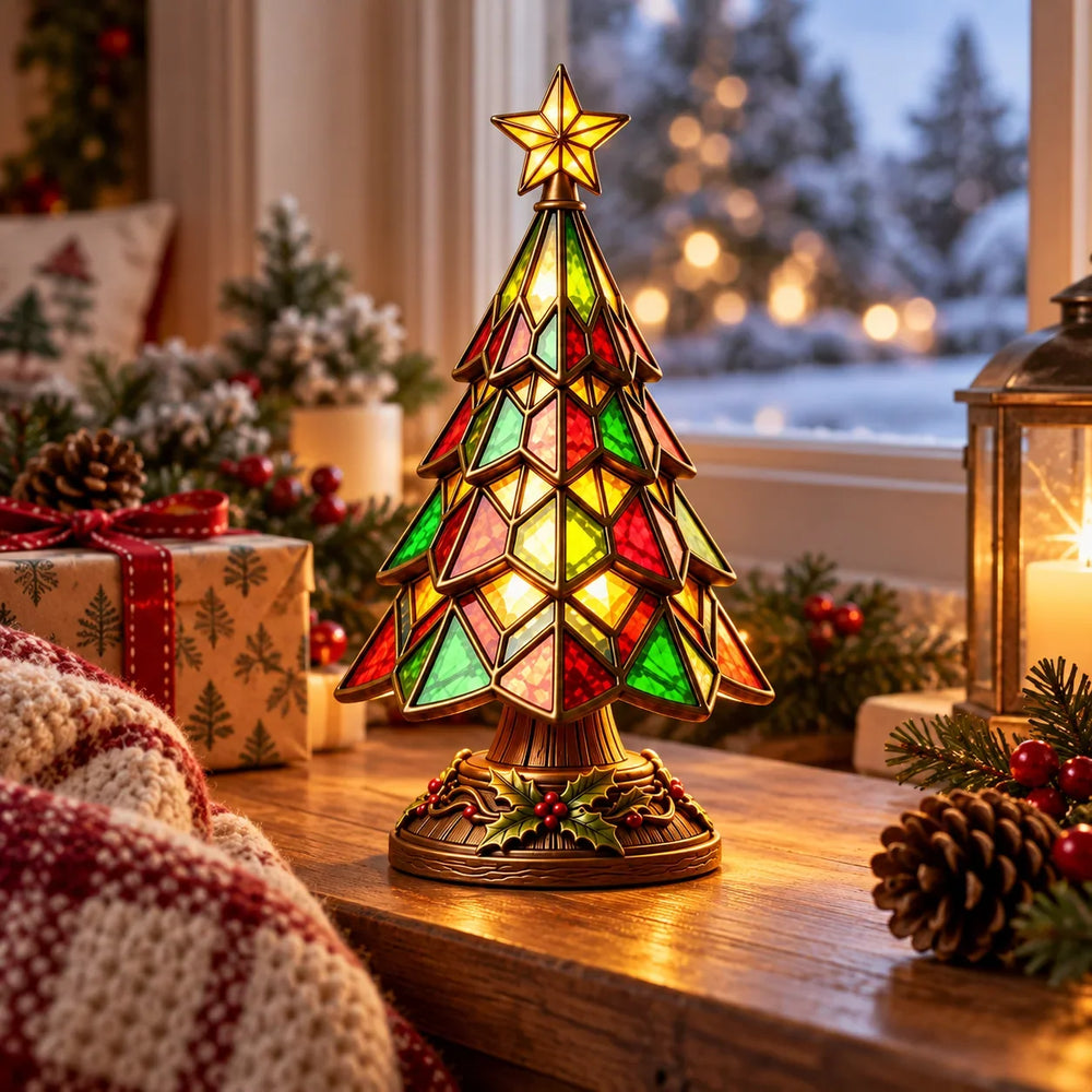 Christmas Tree Glass Art Table Lamp with Colorful Glow 2