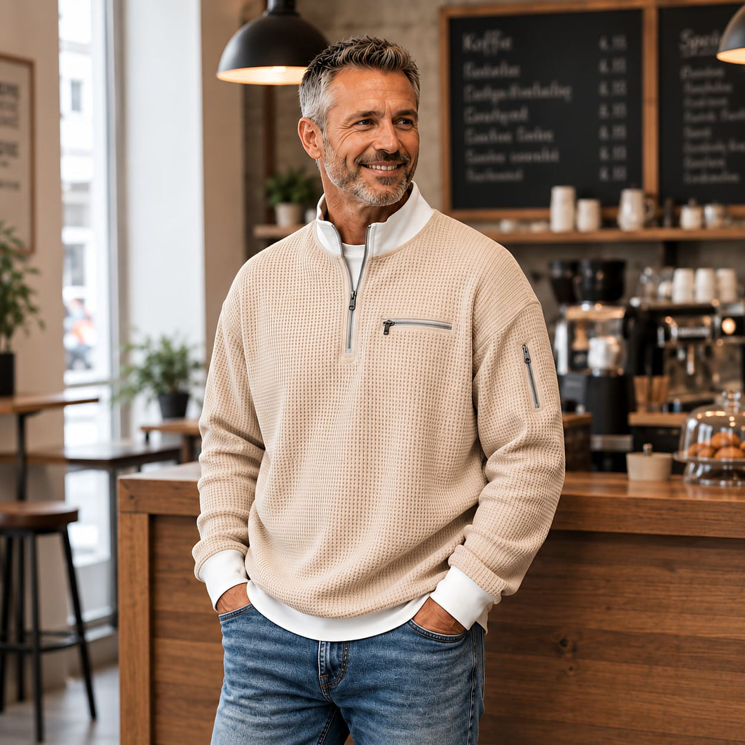 Men's Waffle-Knit Sweater with Quarter-Zip Collar 3