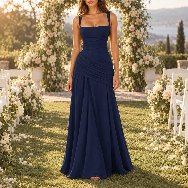 Wedding Guest Maxi Dress With Square Neck, Gathered Waist & Back Lace-Up