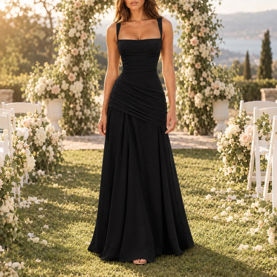 Wedding Guest Maxi Dress With Square Neck, Gathered Waist & Back Lace-Up