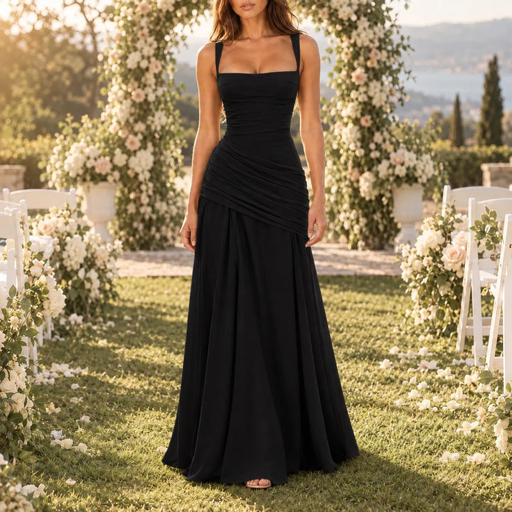 Wedding Guest Maxi Dress With Square Neck, Gathered Waist & Back Lace-Up