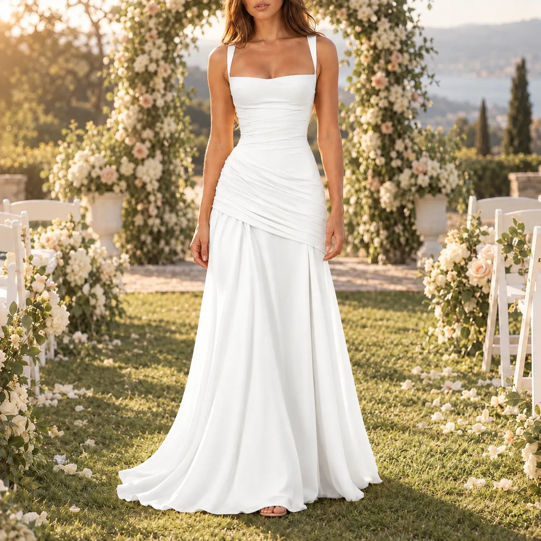 Wedding Guest Maxi Dress With Square Neck, Gathered Waist & Back Lace-Up