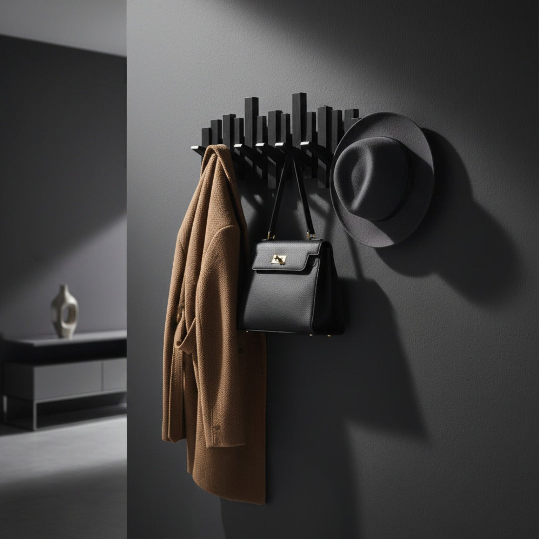 Wooden Piano Wall Coat Rack with Folding Hooks - Hall & Bedroom 8