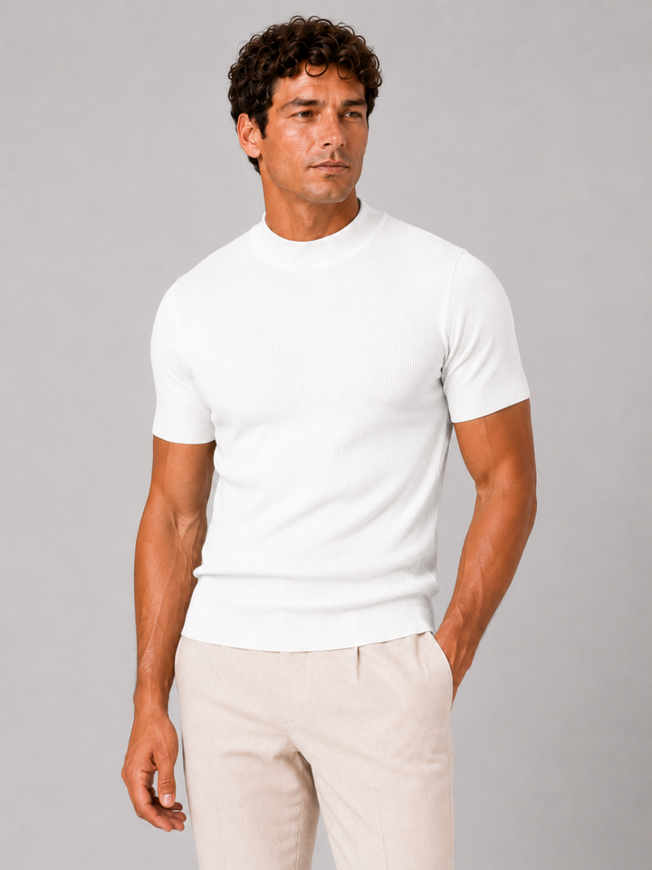 Men's Mock Neck Ribbed T-Shirt Fitted Stretch Short Sleeve Top 11