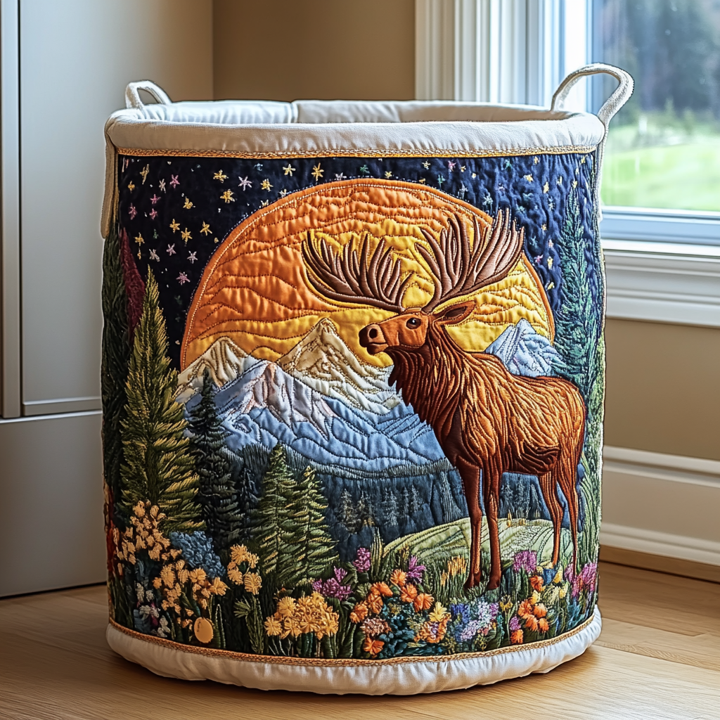 Quilted Fabric Laundry Basket with Forest Prints, Self-Standing, 3 Sizes 8