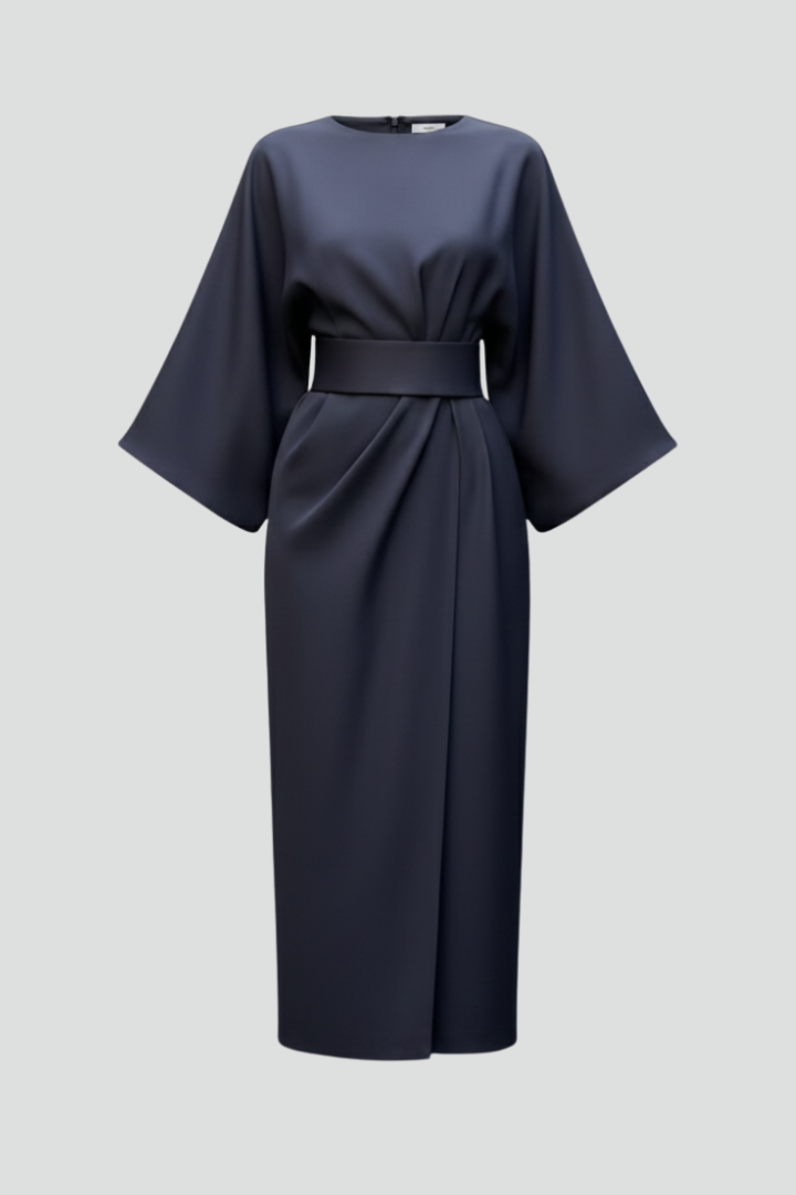 Women's Midi Dress with Wide Elbow-Length Sleeves and Waist Belt 1