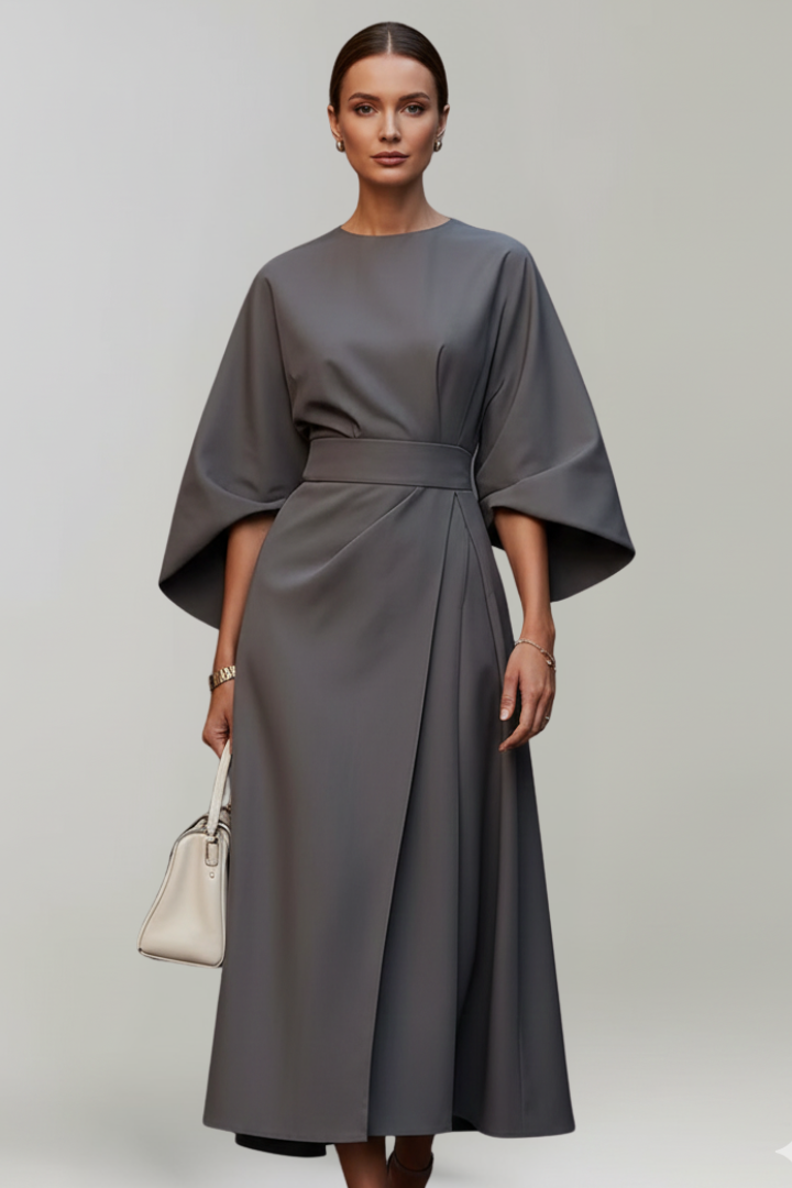 Women's Midi Dress with Wide Elbow-Length Sleeves and Waist Belt 10