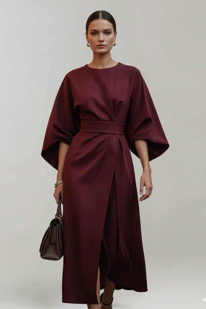 Women's Midi Dress with Wide Elbow-Length Sleeves and Waist Belt 11