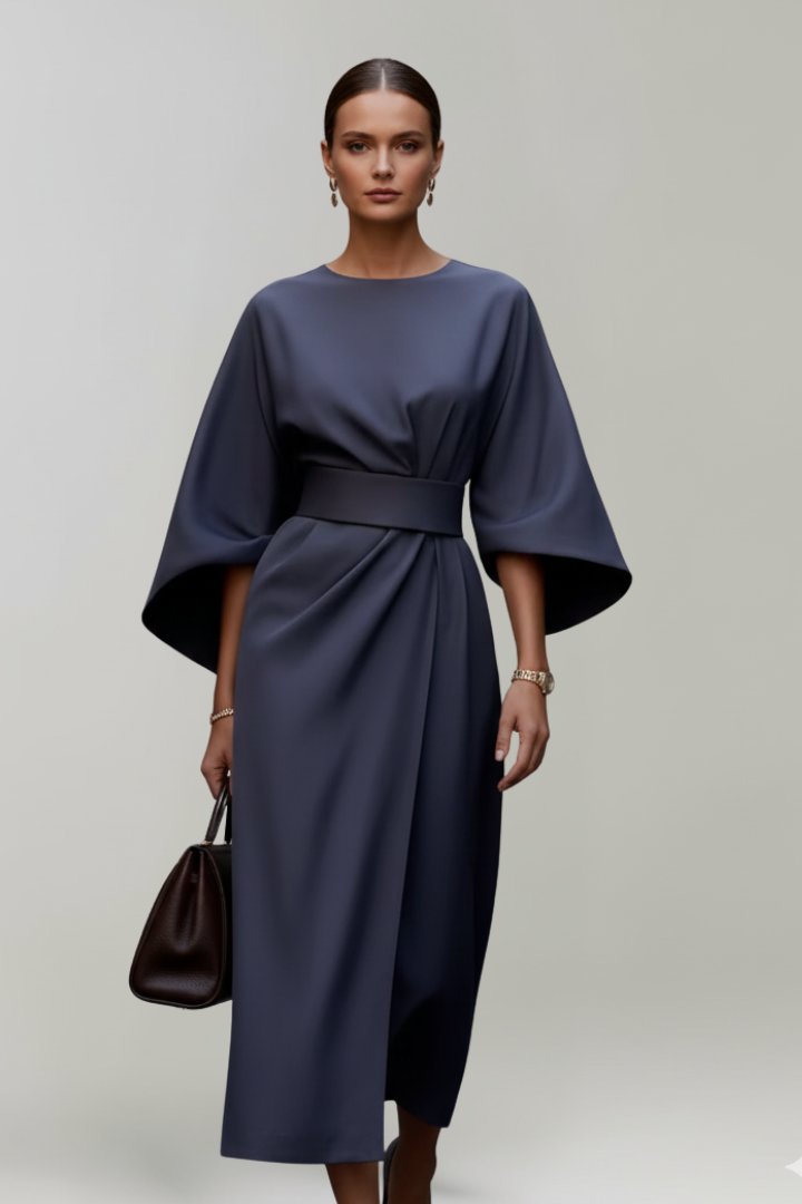 Women's Midi Dress with Wide Elbow-Length Sleeves and Waist Belt 2