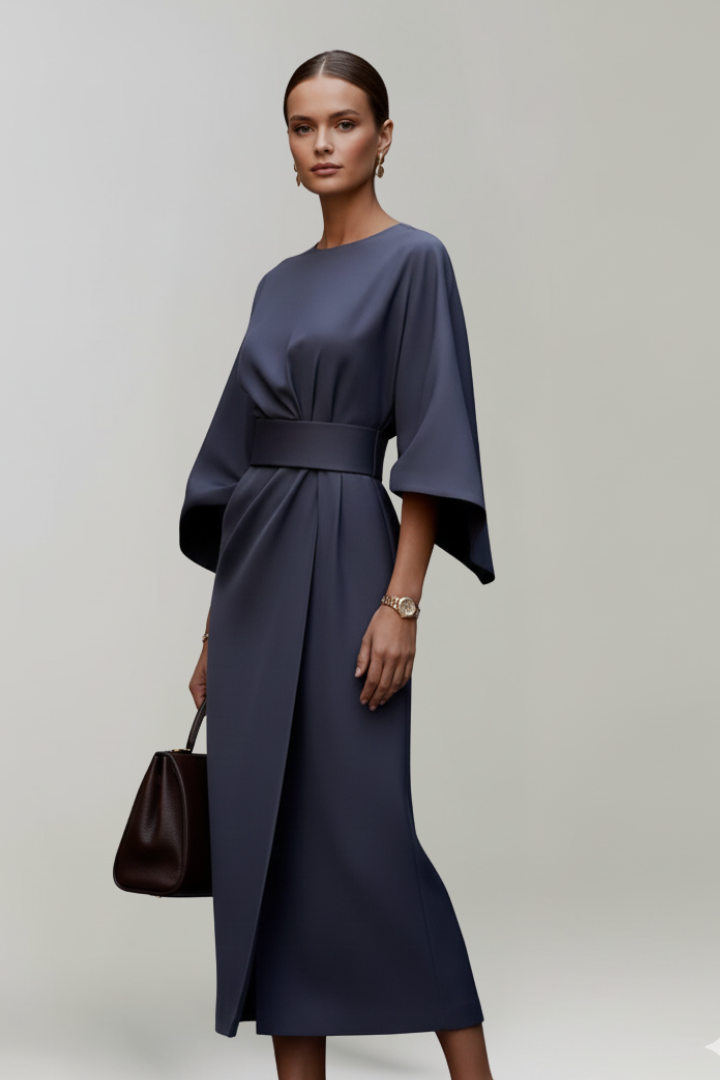Women's Midi Dress with Wide Elbow-Length Sleeves and Waist Belt 3