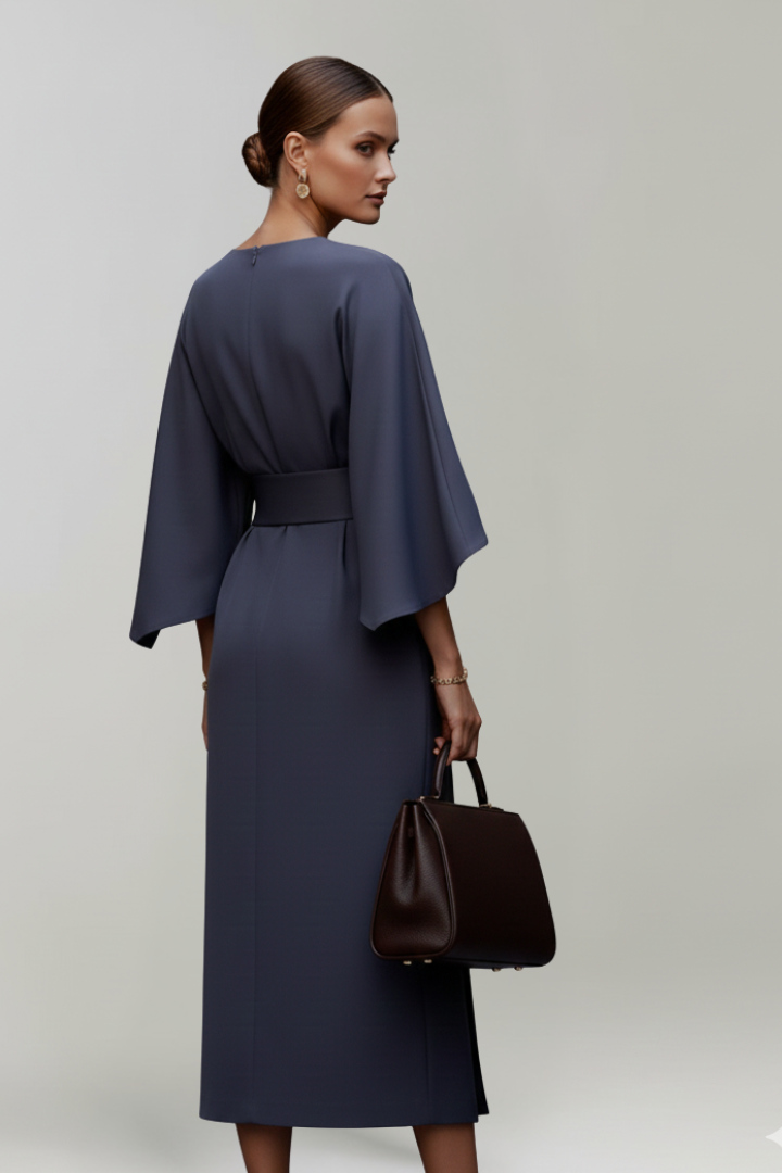 Women's Midi Dress with Wide Elbow-Length Sleeves and Waist Belt 4