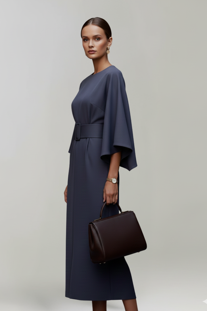 Women's Midi Dress with Wide Elbow-Length Sleeves and Waist Belt 5