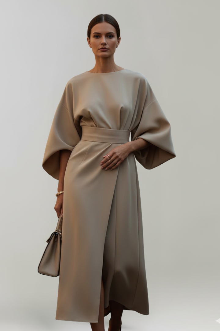 Women's Midi Dress with Wide Elbow-Length Sleeves and Waist Belt 6