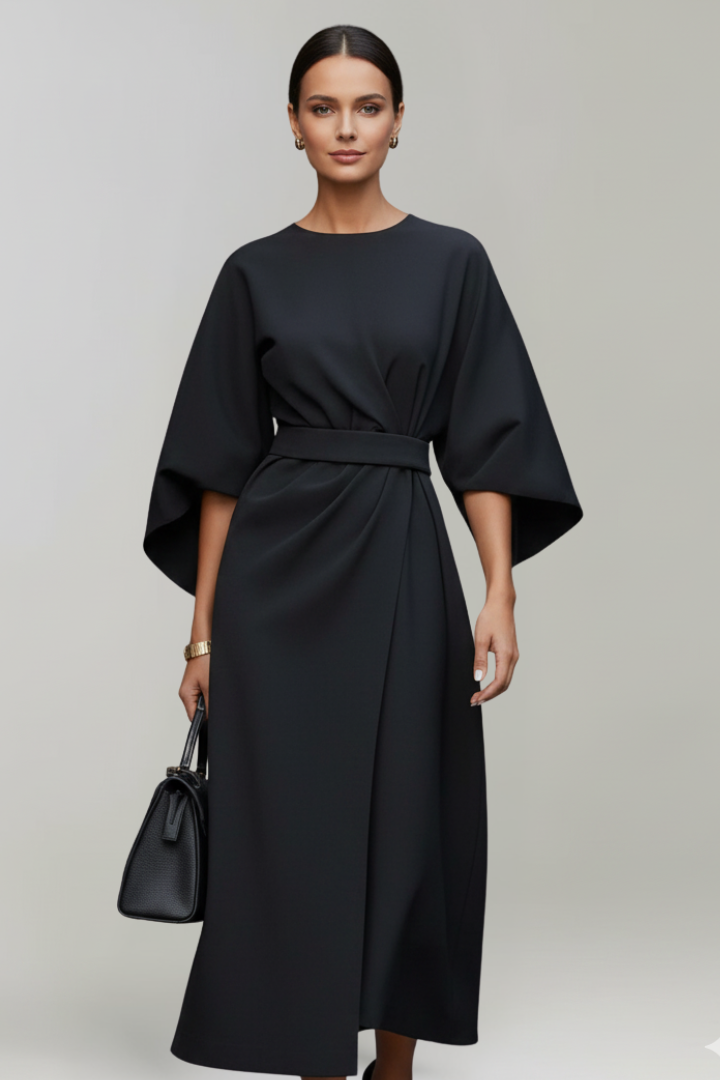 Women's Midi Dress with Wide Elbow-Length Sleeves and Waist Belt 7