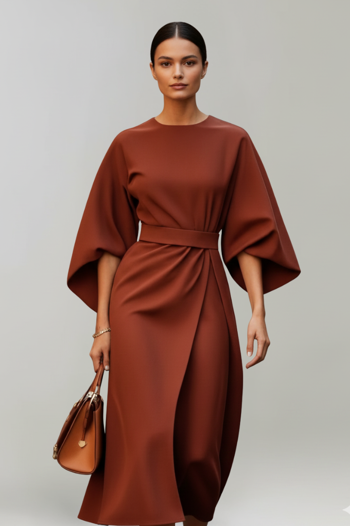 Women's Midi Dress with Wide Elbow-Length Sleeves and Waist Belt 8