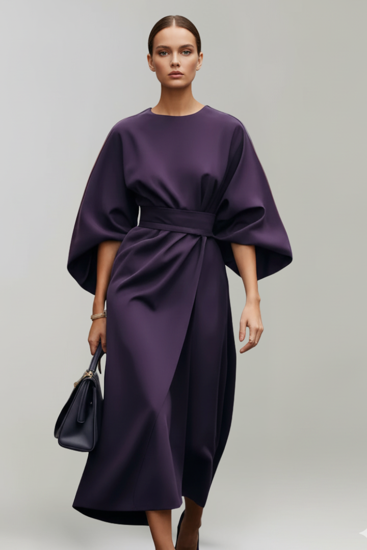 Women's Midi Dress with Wide Elbow-Length Sleeves and Waist Belt 9