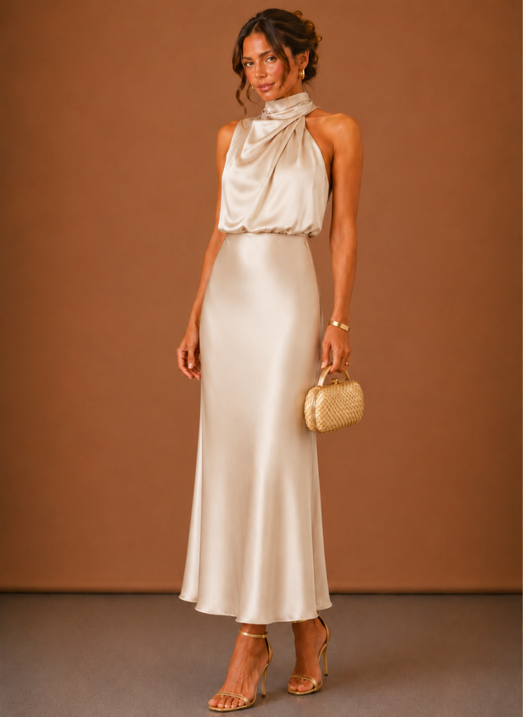 Women's Satin Halter Maxi Dress - Elegant Wedding Guest Gown 4