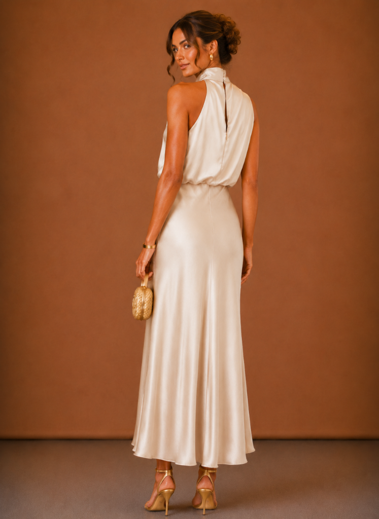 Women's Satin Halter Maxi Dress - Elegant Wedding Guest Gown 6