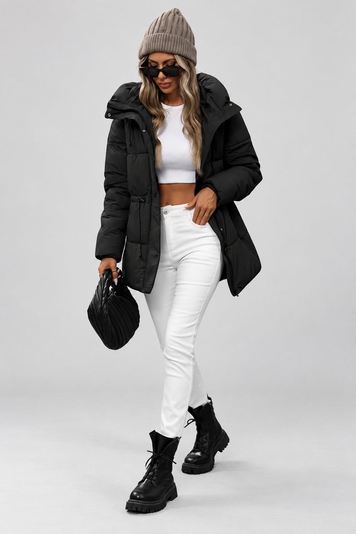 Women's Hooded Padded Coat with Zip Front and Drawstring Waist 3