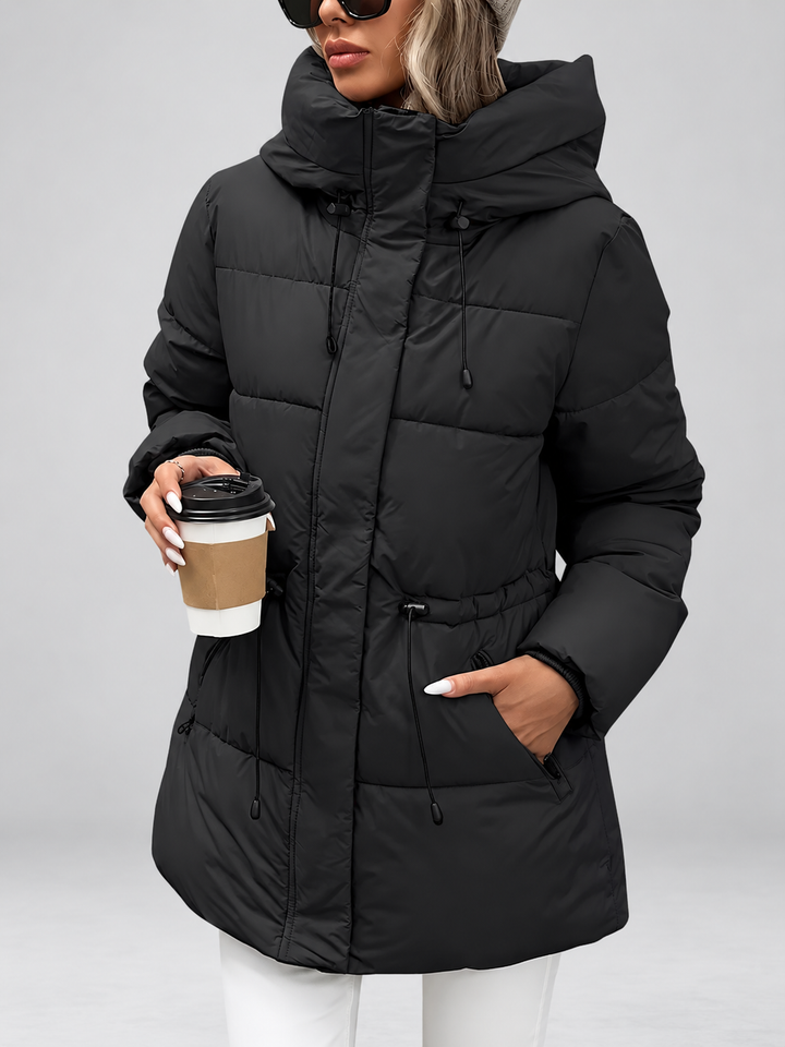 Women's Hooded Padded Coat with Zip Front and Drawstring Waist 1