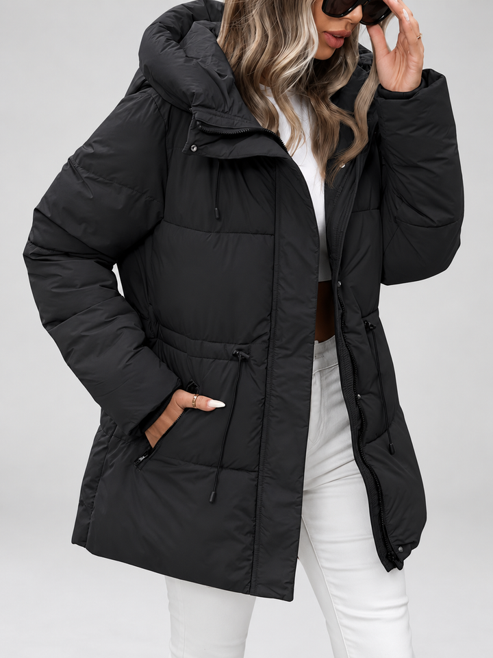 Women's Hooded Padded Coat with Zip Front and Drawstring Waist 2