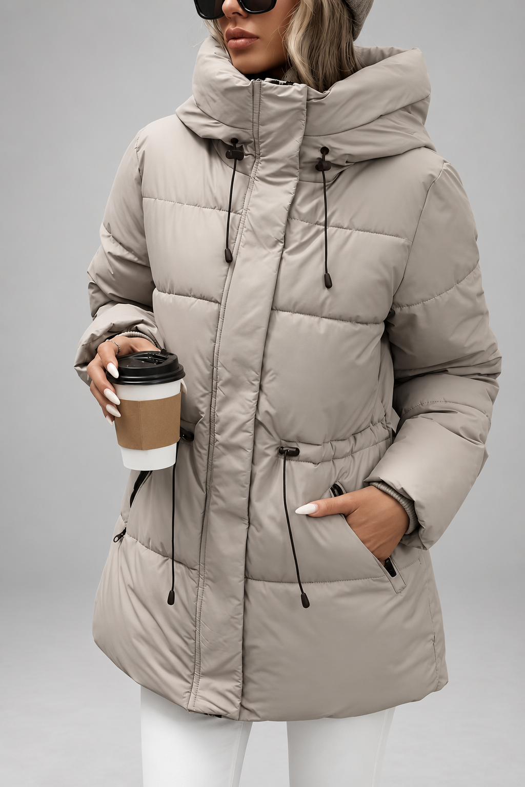 Women's Hooded Padded Coat with Zip Front and Drawstring Waist 13