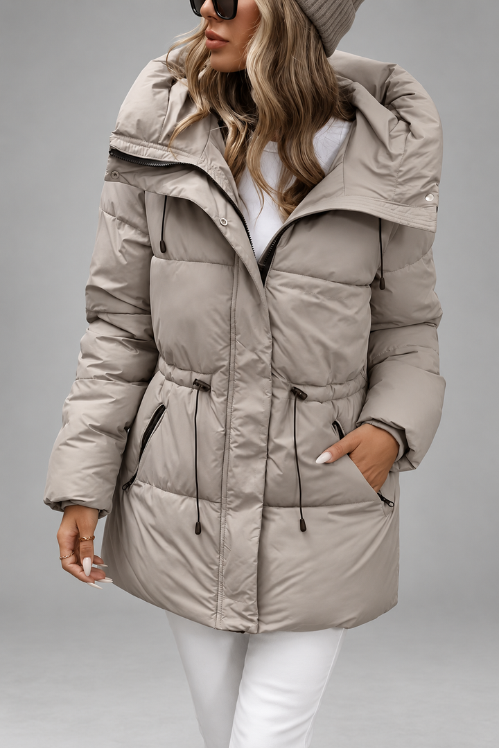 Women's Hooded Padded Coat with Zip Front and Drawstring Waist 11