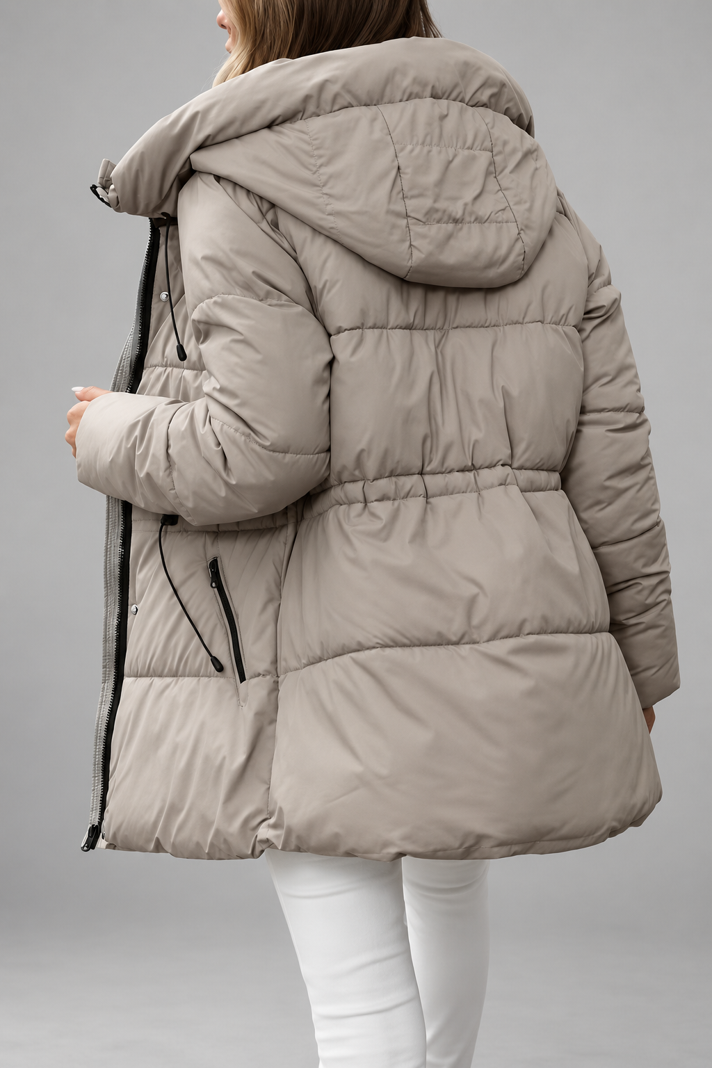 Women's Hooded Padded Coat with Zip Front and Drawstring Waist 14