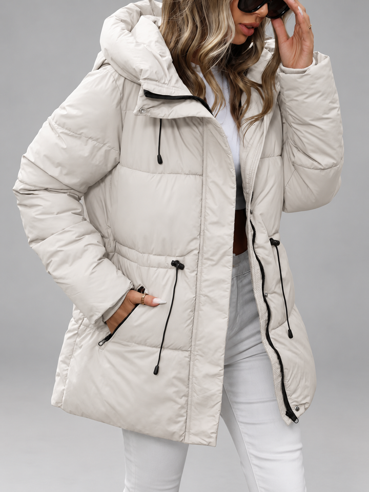 Women's Hooded Padded Coat with Zip Front and Drawstring Waist 8