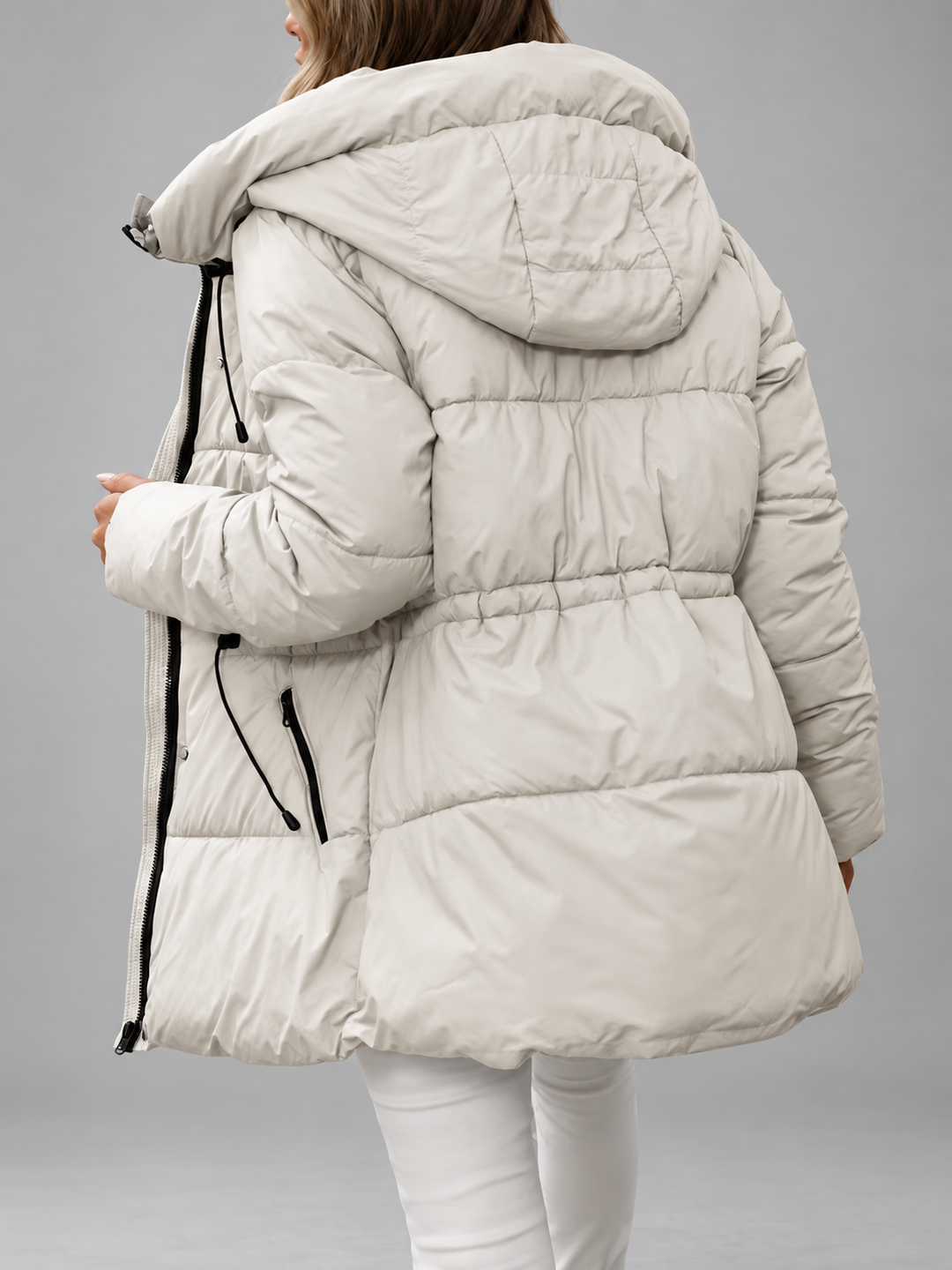 Women's Hooded Padded Coat with Zip Front and Drawstring Waist 9