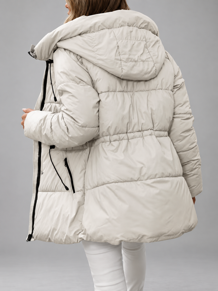 Women's Hooded Padded Coat with Zip Front and Drawstring Waist 9
