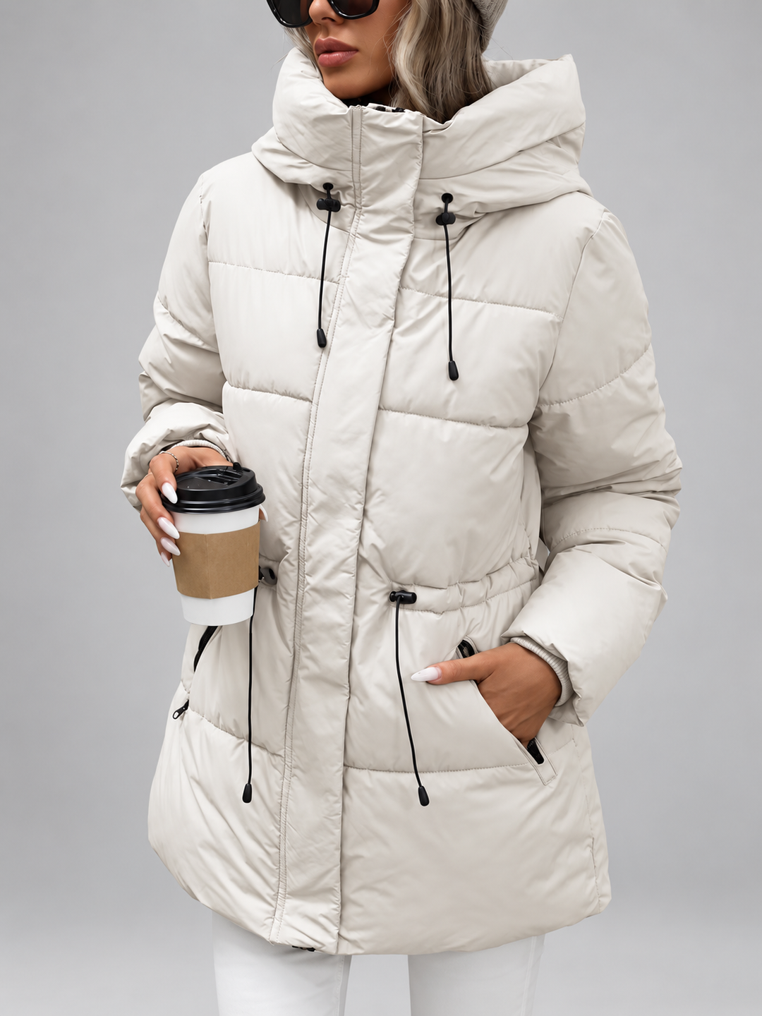 Women's Hooded Padded Coat with Zip Front and Drawstring Waist 7