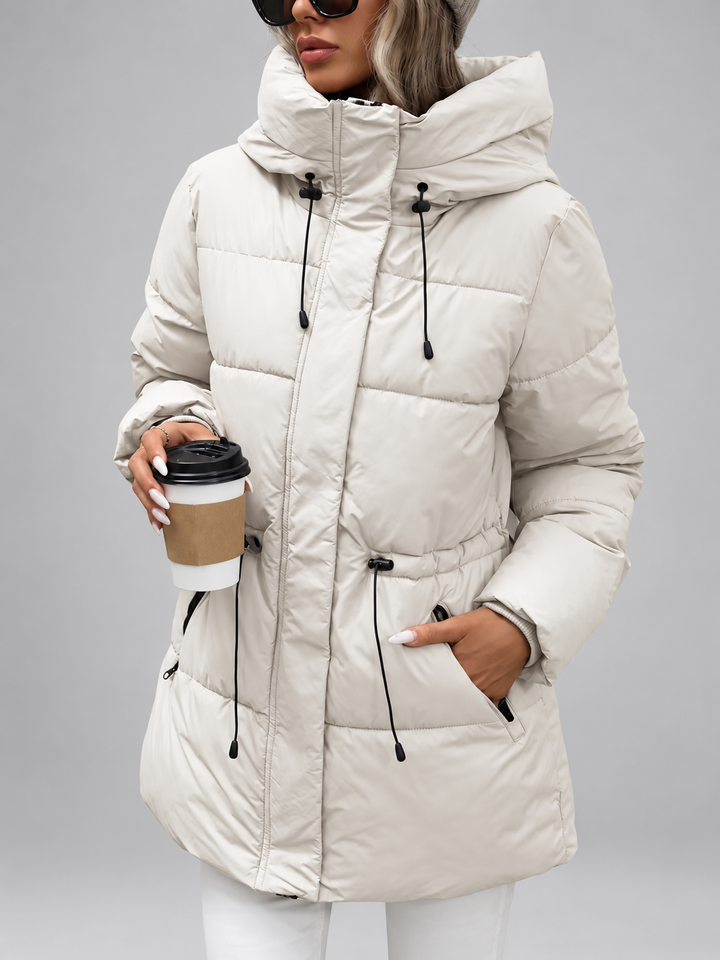 Women's Hooded Padded Coat with Zip Front and Drawstring Waist 7